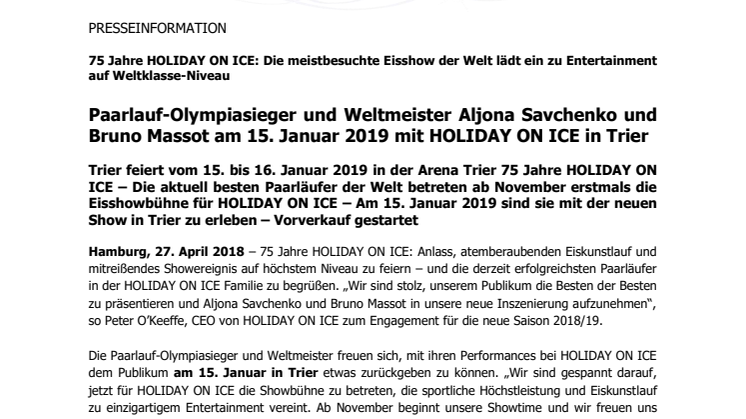 Paarlauf-Olympiasieger und Weltmeister Aljona Savchenko und Bruno Massot am 15. Januar 2019 mit HOLIDAY ON ICE in Trier 