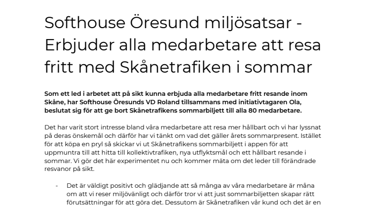 ​Softhouse Öresund miljösatsar - Erbjuder alla medarbetare att resa fritt med Skånetrafiken i sommar