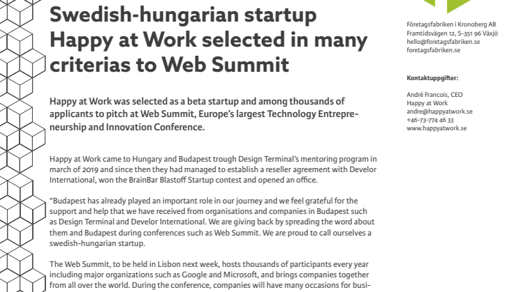 Swedish-Hungarian startup Happy at Work selected in many criteria to Web Summit