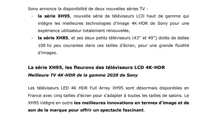 Deux nouvelles séries TV Sony XH95 et XH85 sont disponibles !