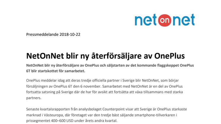 NetOnNet blir ny återförsäljare av OnePlus