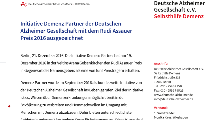 Initiative Demenz Partner der Deutschen Alzheimer Gesellschaft mit dem Rudi Assauer Preis 2016 ausgezeichnet