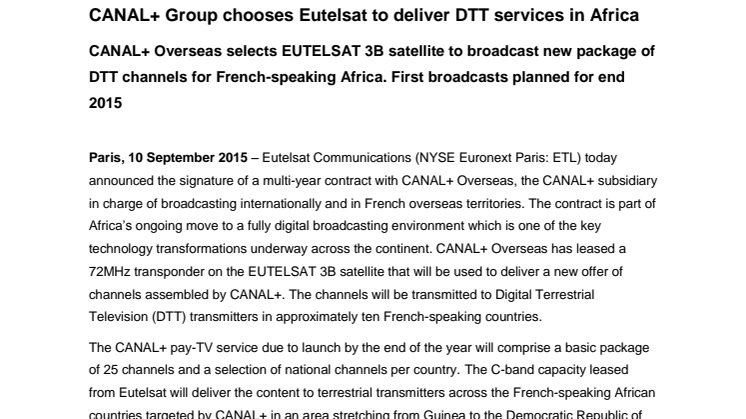 CANAL+ Group chooses Eutelsat to deliver DTT services in Africa