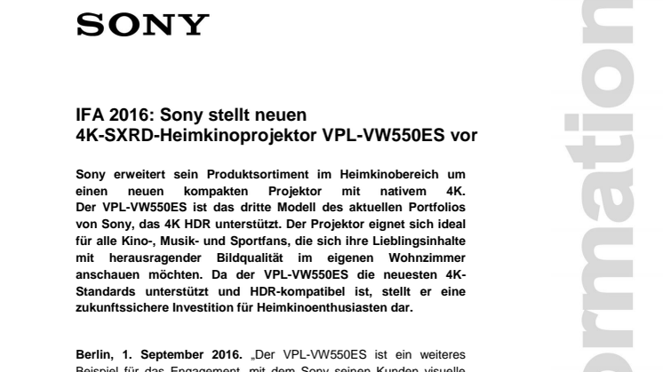 IFA 2016: Sony stellt neuen 4K-SXRD-Heimkinoprojektor VPL-VW550ES vor