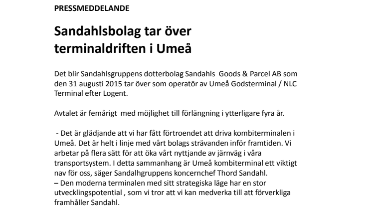 Sandahlsbolag tar över terminaldriften i Umeå