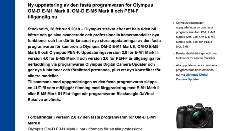 Firmware uppdatering för kamerorna Olympus OM-D E-M1 Mark II, OM-D E-M5 Mark II och Olympus PEN-F