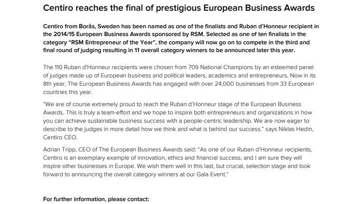 Centiro reaches the final of prestigious European Business Awards