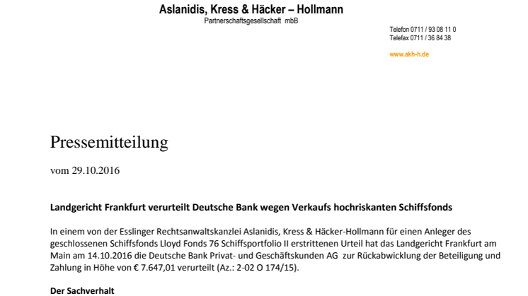 Landgericht Frankfurt verurteilt Deutsche Bank wegen Verkaufs hochriskanten Schiffsfonds 