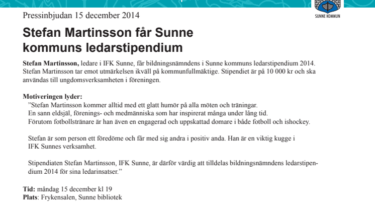 Stefan Martinsson får Sunne kommuns ledarstipendium