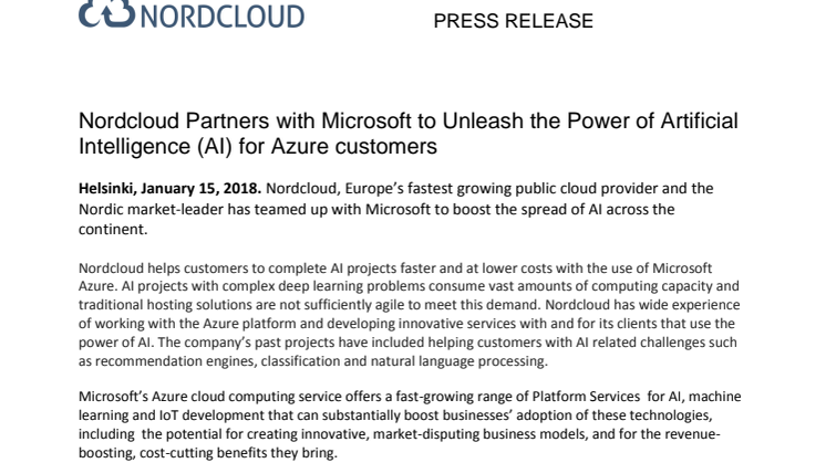 Nordcloud Partners with Microsoft to Unleash the Power of Artificial Intelligence (AI) for Azure customers