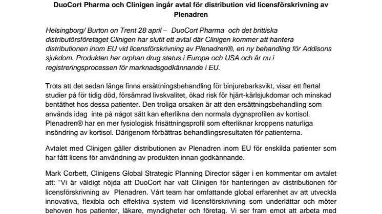 DuoCort Pharma och Clinigen ingår avtal för distribution vid licensförskrivning av Plenadren
