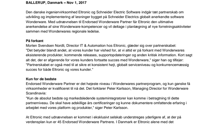 Eltronic udnævnt som første danske Endorsed Wonderware Partner