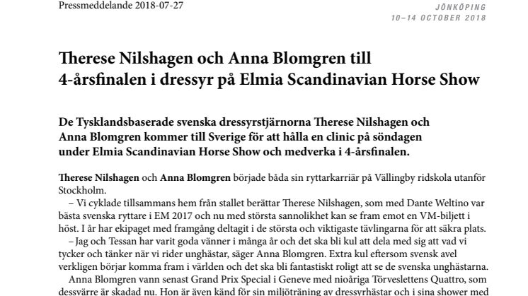 Therese Nilshagen och Anna Blomgren till 4-årsfinalen i dressyr på Elmia Scandinavian Horse Show