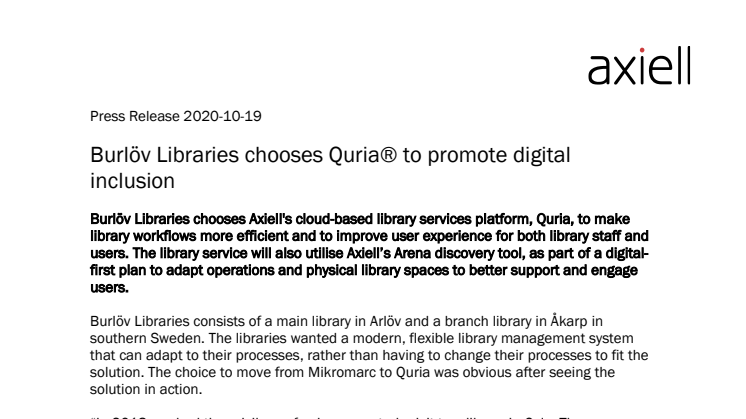 Burlöv Libraries chooses Quria® to promote digital inclusion