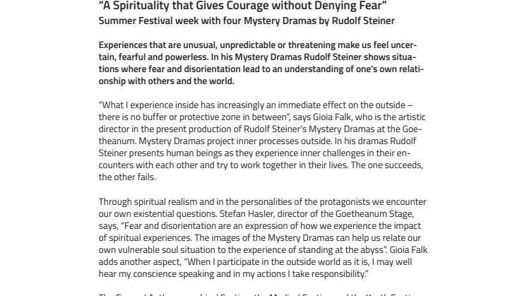 “A Spirituality that Gives Courage without Denying Fear”. ​Summer Festival week with four Mystery Dramas by Rudolf Steiner