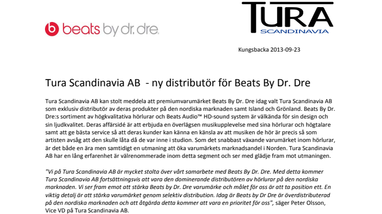 Tura Scandinavia AB  - ny distributör av Beats By Dr. Dre