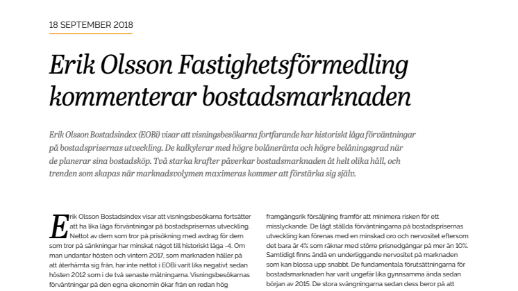 Erik Olsson Fastighetsförmedling kommenterar bostadsmarknaden 18 sep 2018