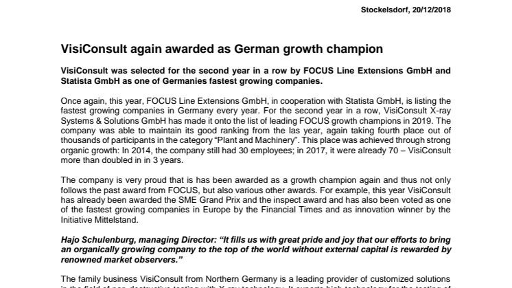 VisiConsult again awarded as German growth champion