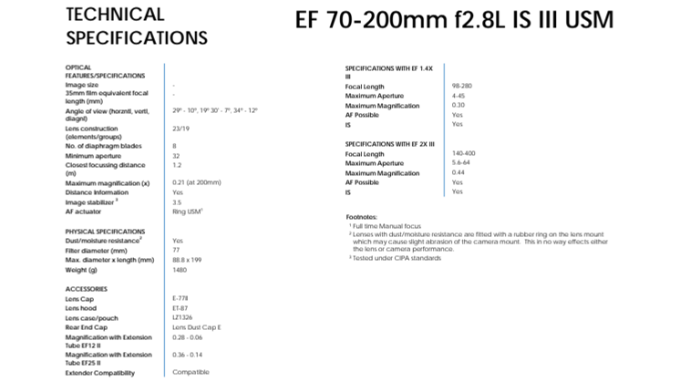 EF 70-200mm f2.8L IS III USM_PR Spec Sheet