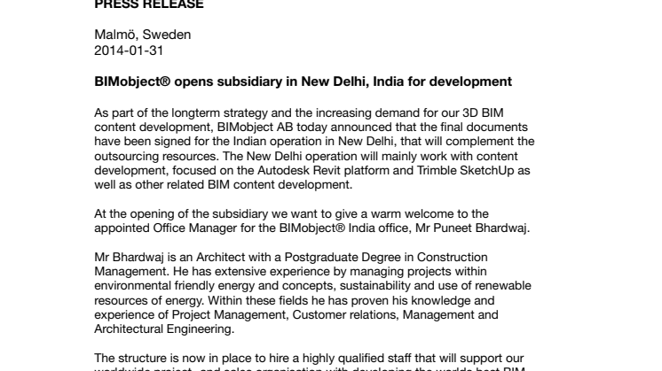 BIMobject® opens subsidiary in New Delhi, India for development