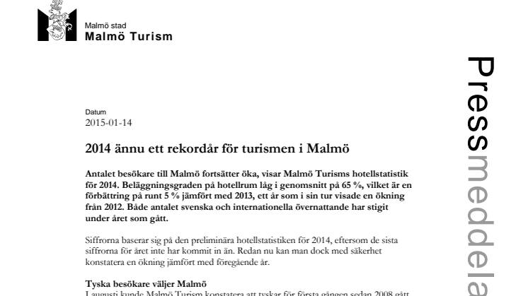 2014 ännu ett rekordår för turismen i Malmö