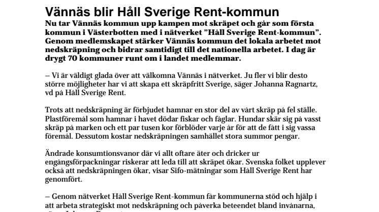 Vännäs blir Håll Sverige Rent-kommun 