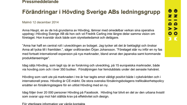 Förändringar i Hövding Sverige ABs ledningsgrupp
