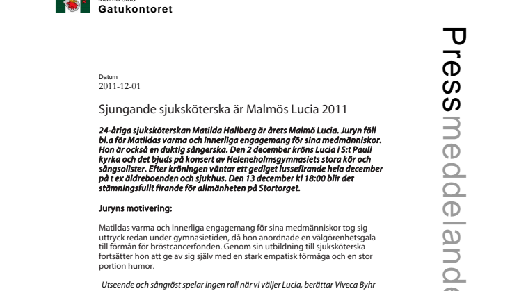 Sjungande sjuksköterska är Malmö stads Lucia 2011