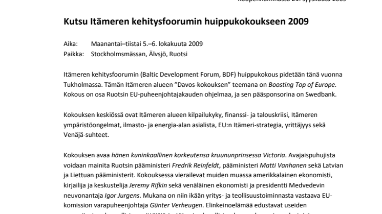 Press Invitation Baltic Development Forum Summit 2009 (Finnish)
