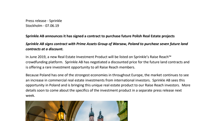 Sprinkle AB announces it has signed a contract to purchase future Polish Real Estate projects