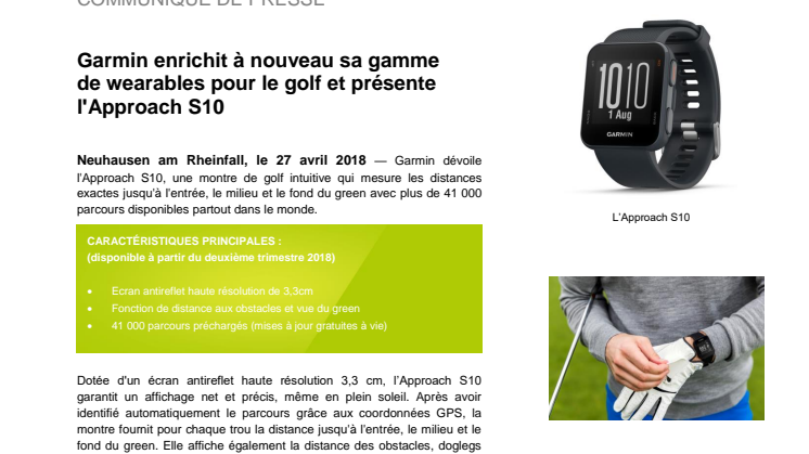 Garmin enrichit à nouveau sa gamme de wearables pour le golf et présente l'Approach S10
