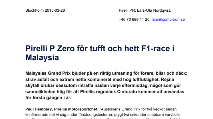 Pirelli ​P Zero för tufft och hett F1-race i Malaysia