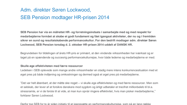 Adm. direktør Søren Lockwood,  SEB Pension modtager HR-prisen 2014