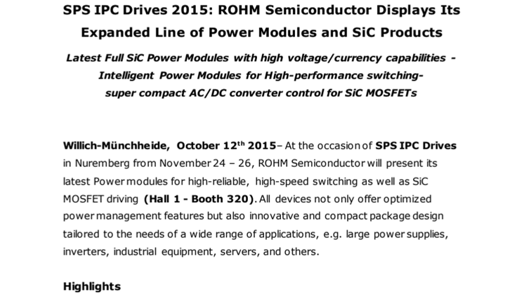 SPS IPC Drives 2015: ROHM Semiconductor Displays Power and Drive products