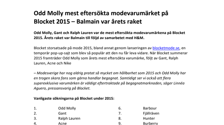 Odd Molly mest eftersökta modevarumärket på Blocket 2015 – Balmain var årets raket