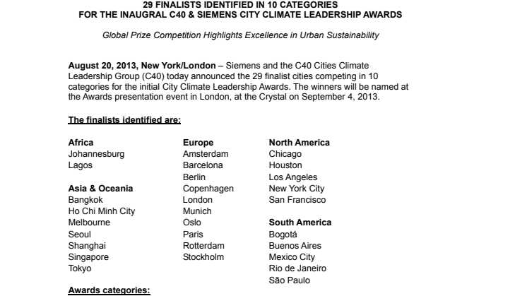 Siemens och C40 tillgännagav idag 10 finaliststäder inom klimatförbättring