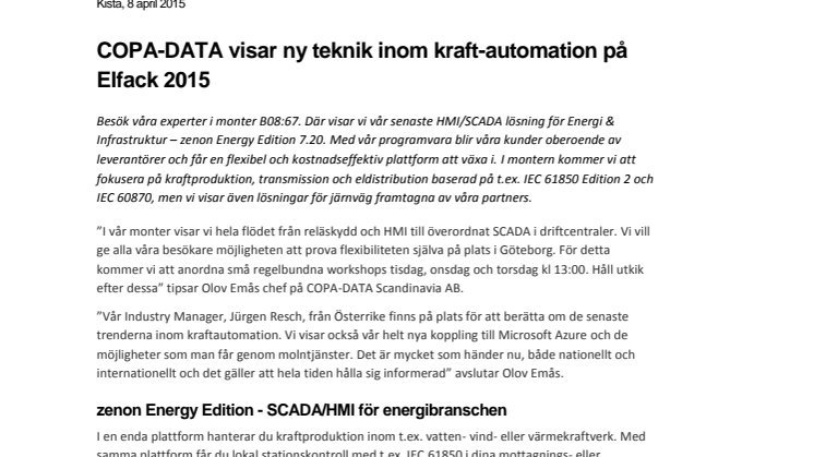COPA-DATA visar ny teknik inom kraft-automation på Elfack 2015