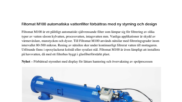 Filtomat M100 automatiska vattenfilter förbättras med ny styrning och design