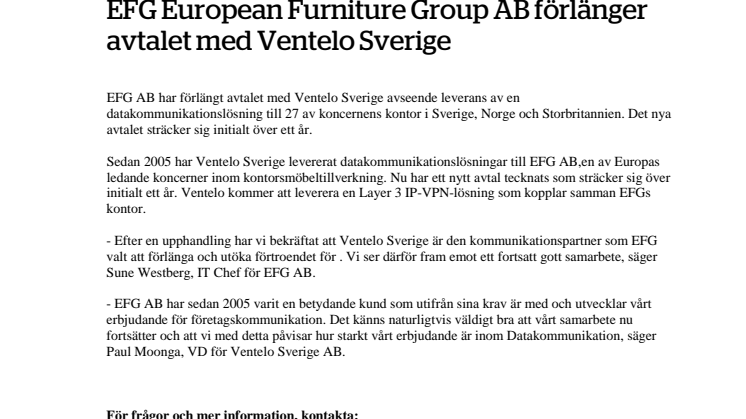 EFG European Furniture Group AB förlänger avtalet med Ventelo Sverige