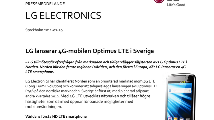 LG lanserar 4G-mobilen Optimus LTE i Sverige