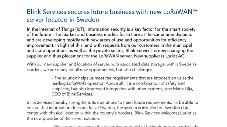 Blink Services framtidssäkrar med ny LoRaWAN server placerad i Sverige