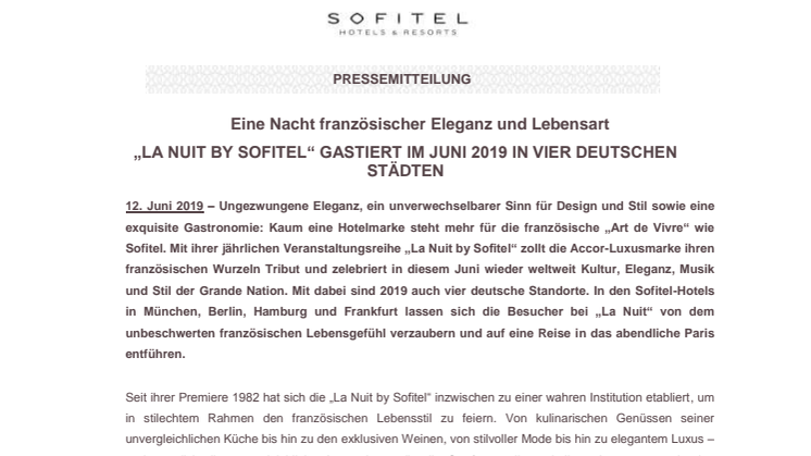 Eine Nacht französischer Eleganz und Lebensart: „La Nuit by Sofitel“ gastiert im Juni 2019 in vier deutschen Städten