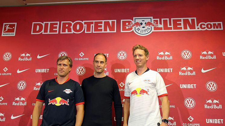 RBL-Sportdirektor Markus Krösche, Geschäftsführer Oliver Mintzlaff und Trainer Julian Nagelsmann