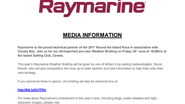 Raymarine Media Notice: 2017 Round the Island Race in association with Cloudy Bay