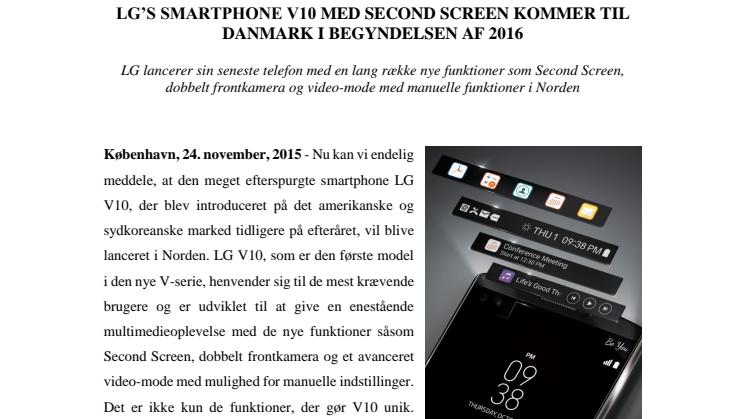 LG’S SMARTPHONE V10 MED SECOND SCREEN KOMMER TIL DANMARK I BEGYNDELSEN AF 2016