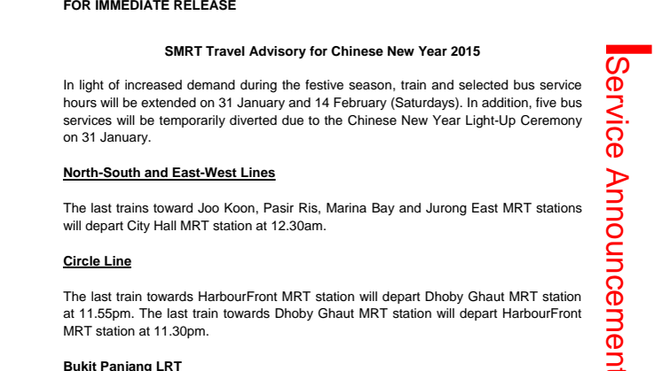 SMRT Travel Advisory for Chinese New Year 2015