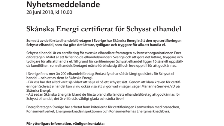 Skånska Energi certifierat för Schysst elhandel