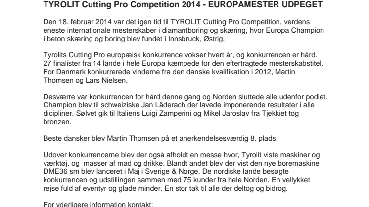 TYROLIT Cutting Pro Competition 2014 - EUROPAMESTER UDPEGET