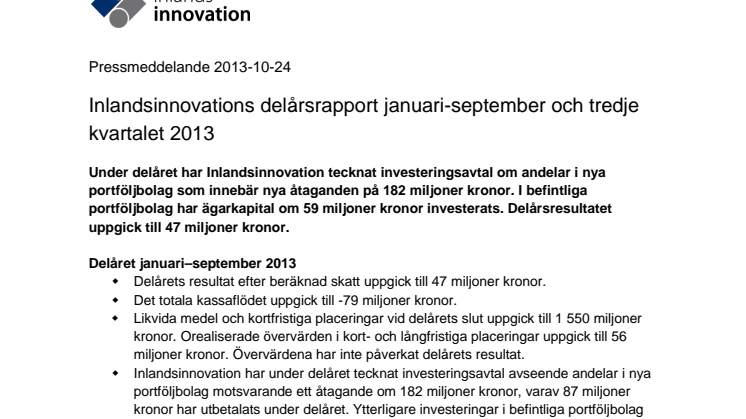 Inlandsinnovations delårsrapport januari-september och tredje kvartalet 2013