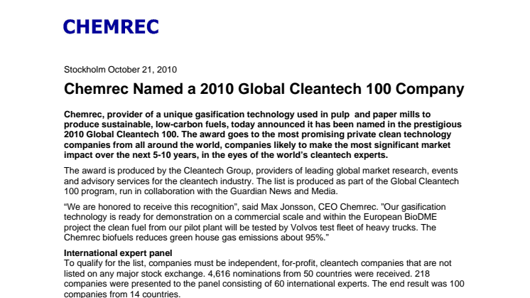 Chemrec Named a 2010 Global Cleantech 100 Company